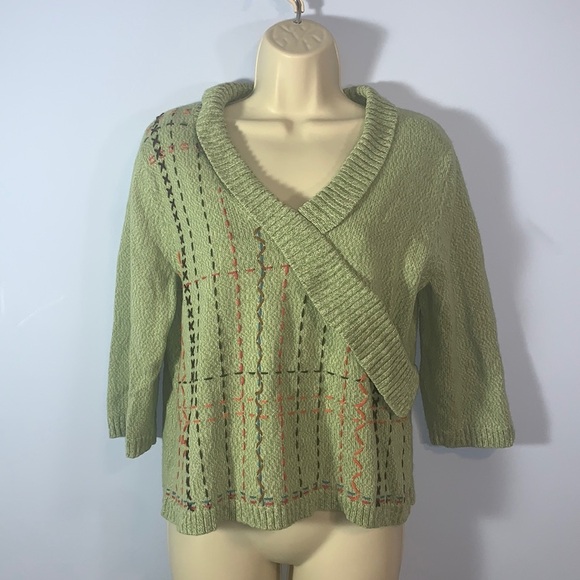 Christopher & banks sweater 3/4 sleeve hand embroidered light green crossover L - Picture 1 of 11
